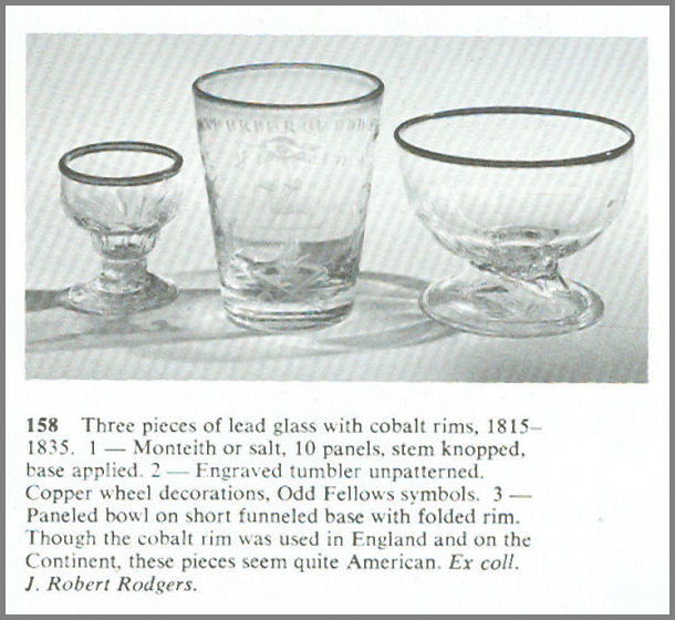 Three lead glass items with cobalt rims
